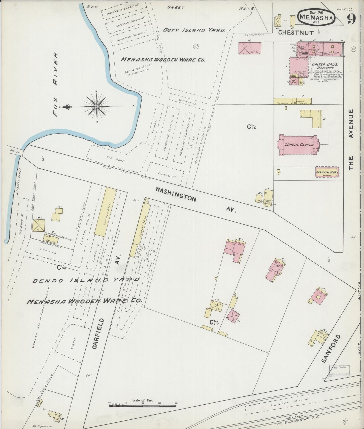 Sanborn Fire Insurance Map from Menasha, Winnebago County, Wisconsin (1891), Sheet #0009 - Complete Map Set gallery image, historic Sanborn map, vintage wall art, Wisconsin Wisconsin