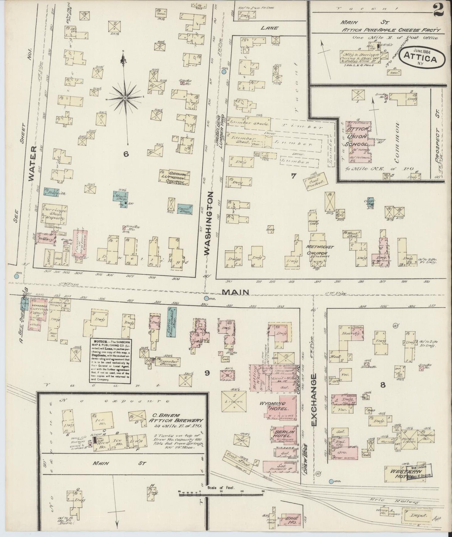 Sanborn Fire Insurance Map from Attica, Wyoming County, New York (1884), Sheet #0002 - Complete Map Set gallery image, historic Sanborn map, vintage wall art, Attica Wyoming