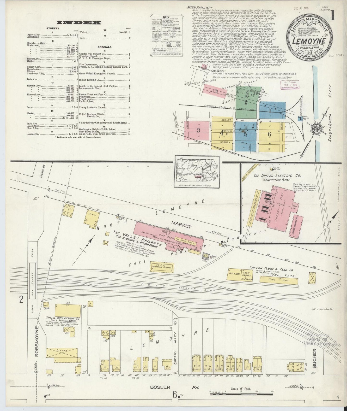 Sanborn Fire Insurance Map from Lemoyne, Cumberland County, Pennsylvania (1913), Sheet #0001 - Historic Sanborn Fire Insurance Map Print, vintage old map wall art, antique decor, genealogy gift, Pennsylvania Pennsylvania map