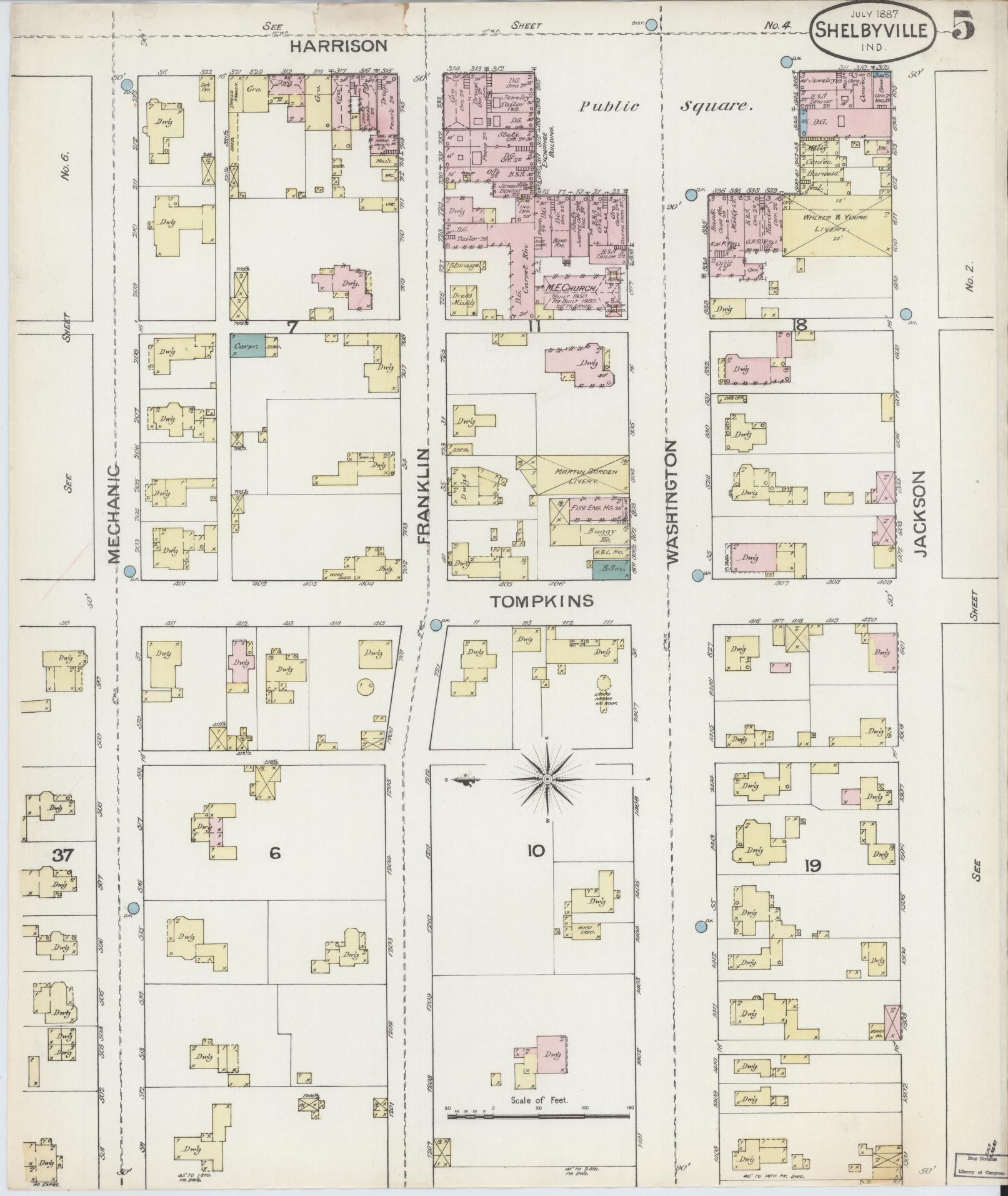 Sanborn Fire Insurance Map from Shelbyville, Shelby County, Indiana (1887), Sheet #0005 - Historic Sanborn Fire Insurance Map Print, vintage old map wall art, antique decor, genealogy gift, Indiana Indiana map