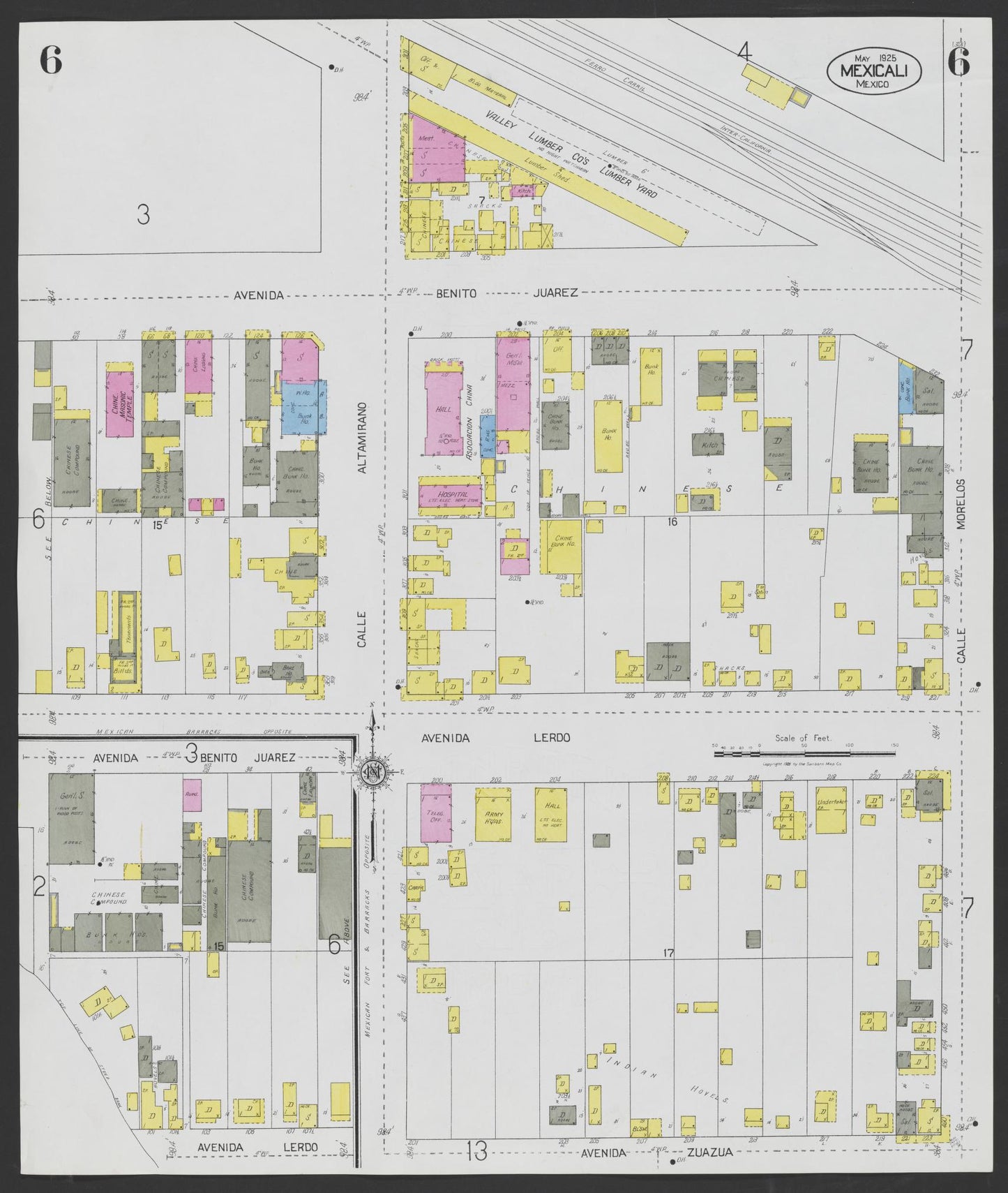 Sanborn Fire Insurance Map from Mexicali, Baja California (Mexico) (1925), Sheet #0006 - Complete Map Set gallery image, historic Sanborn map, vintage wall art, California California