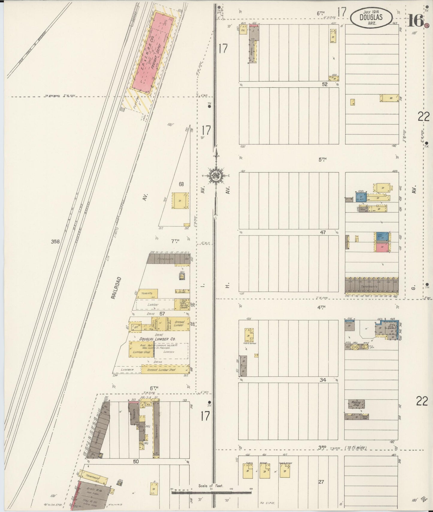 Sanborn Fire Insurance Map from Douglas, Cochise County, Arizona (1914), Sheet #0016 - Complete Map Set gallery image, historic Sanborn map, vintage wall art, Arizona Arizona