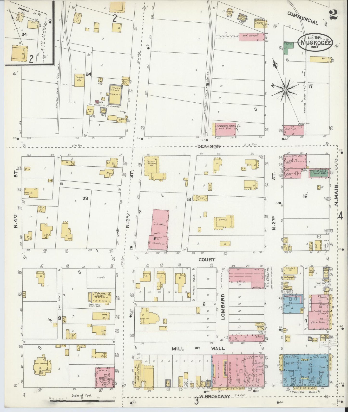 Sanborn Fire Insurance Map from Muskogee, Muskogee County, Oklahoma (1904), Sheet #0002 - Complete Map Set gallery image, historic Sanborn map, vintage wall art, Oklahoma Oklahoma
