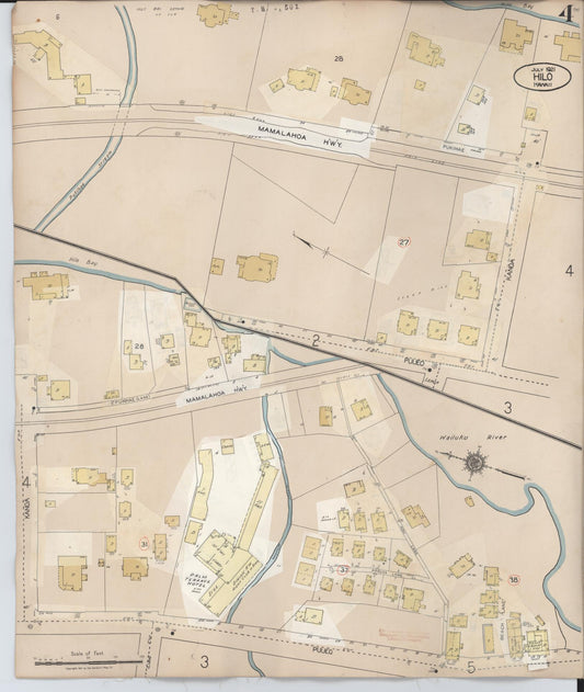 Sanborn Fire Insurance Map from Hilo, Hawaii County, Hawaii (1957), Sheet #0004 - Historic Sanborn Fire Insurance Map Print, vintage old map wall art