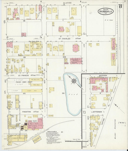 Sanborn Fire Insurance Map from Brownsville, Cameron County, Texas (1914), Sheet #0008 - Historic Sanborn Fire Insurance Map Print, vintage old map wall art, antique decor, genealogy gift, Texas Texas map