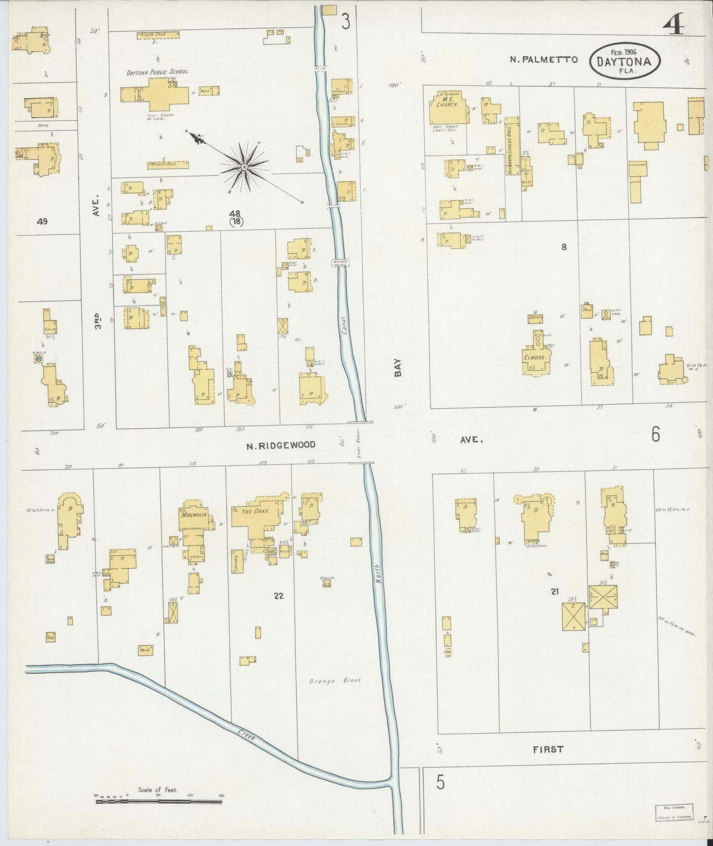Sanborn Fire Insurance Map from Daytona, Volusia County, Florida (1906), Sheet #0004 - Complete Map Set gallery image, historic Sanborn map, vintage wall art, Florida Florida