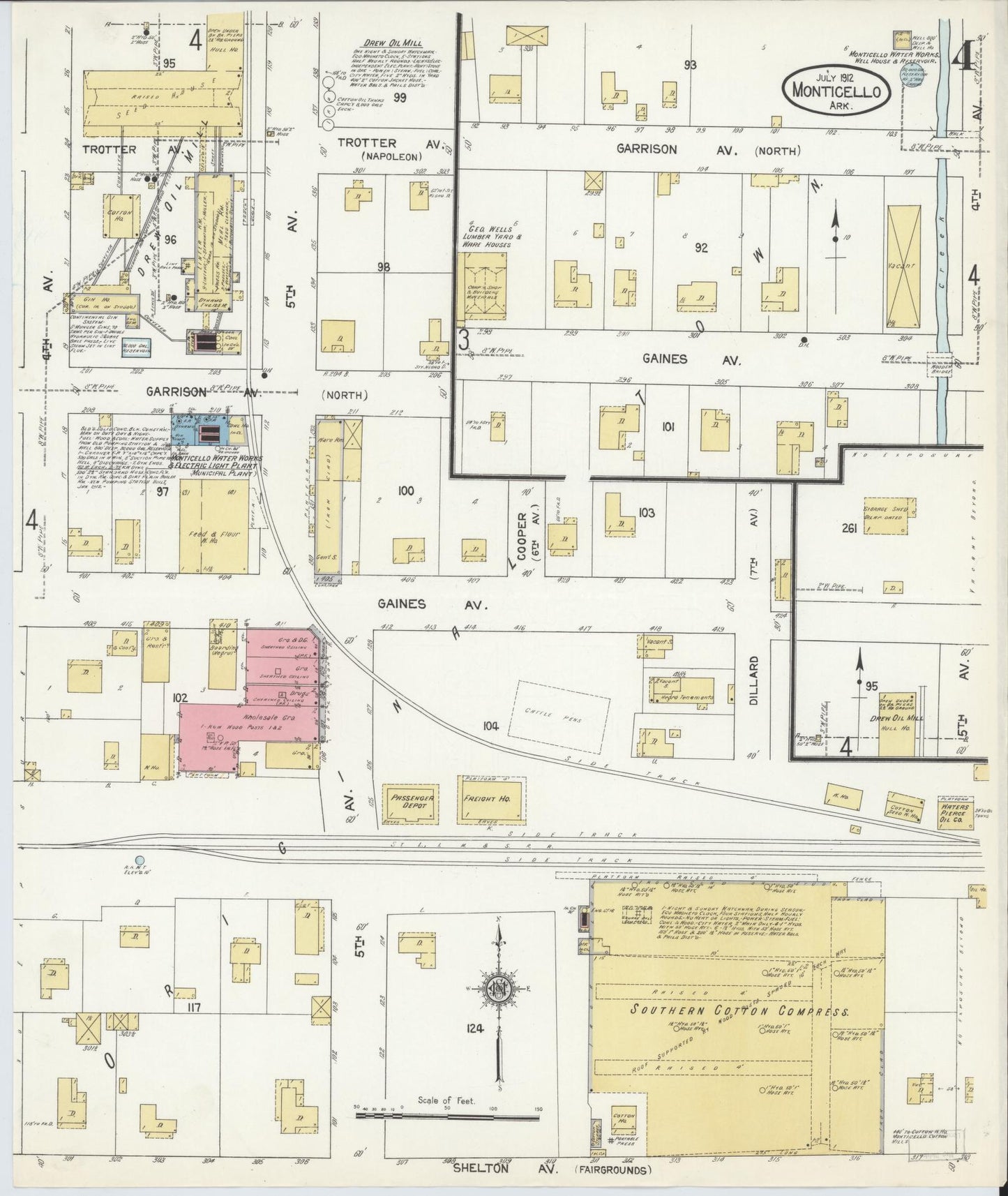 Sanborn Fire Insurance Map from Monticello, Drew County, Arkansas (1912), Sheet #0004 - Historic Sanborn Fire Insurance Map Print, vintage old map wall art, antique decor, genealogy gift, Arkansas Arkansas map