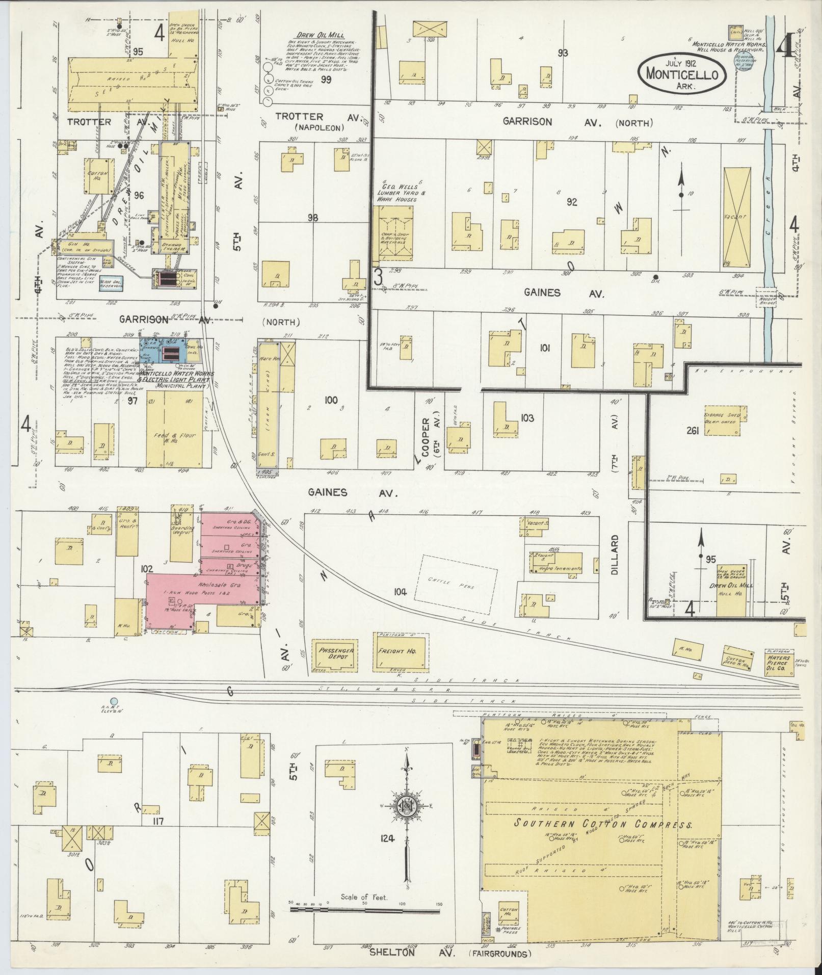 Sanborn Fire Insurance Map from Monticello, Drew County, Arkansas (1912), Sheet #0004 - Historic Sanborn Fire Insurance Map Print, vintage old map wall art, antique decor, genealogy gift, Arkansas Arkansas map