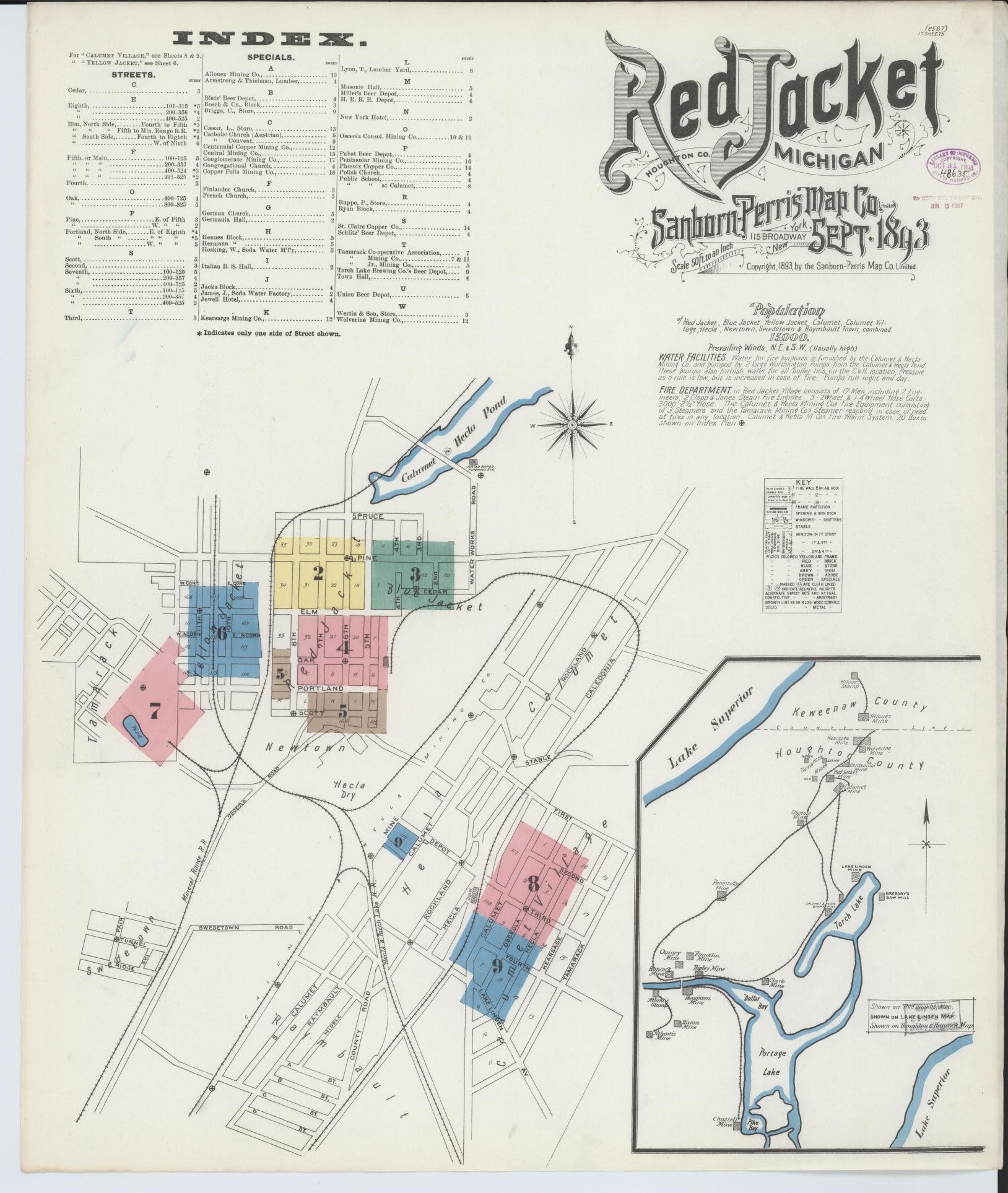 Sanborn Fire Insurance Map from Red Jacket, Houghton County, Michigan (1893), Sheet #0001 - Complete Map Set gallery image, historic Sanborn map, vintage wall art, Michigan Michigan