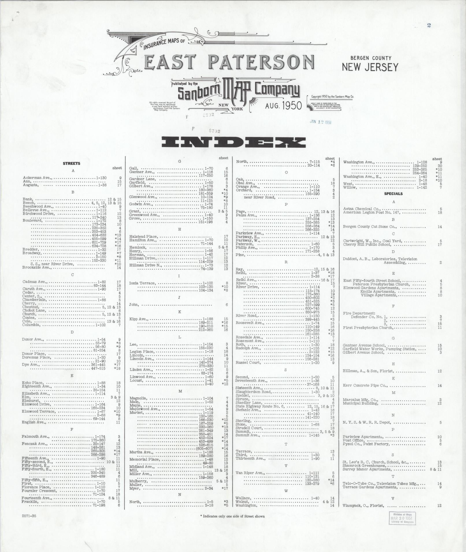 Sanborn Fire Insurance Map from East Paterson, Bergen County, New Jersey (1950), Sheet #0001 - Historic Sanborn Fire Insurance Map Print, vintage old map wall art, antique decor, genealogy gift, New Jersey New Jersey map