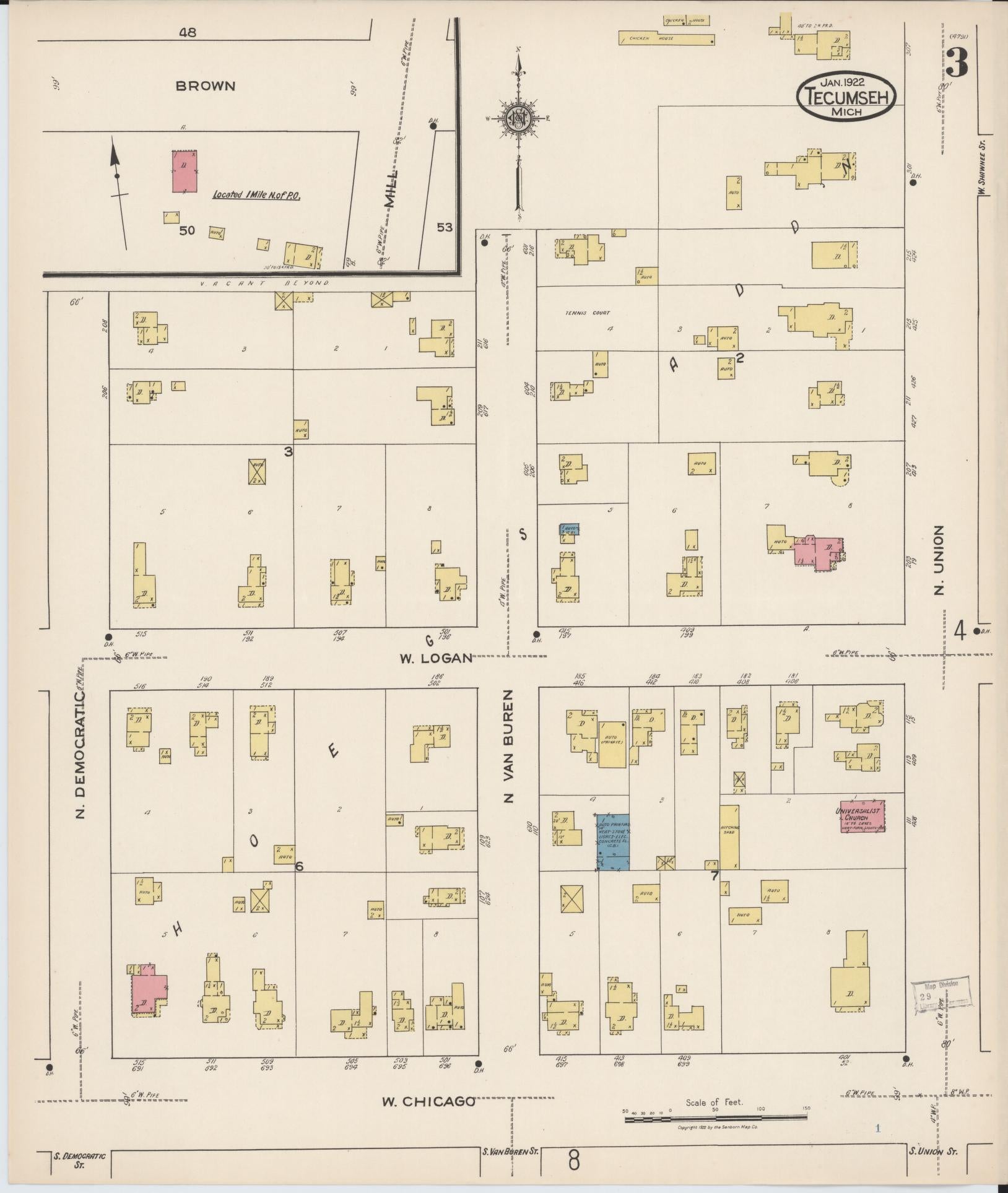 Sanborn Fire Insurance Map from Tecumseh, Lenawee County, Michigan (1922), Sheet #0003 - Historic Sanborn Fire Insurance Map Print, vintage old map wall art, antique decor, genealogy gift, Michigan Michigan map