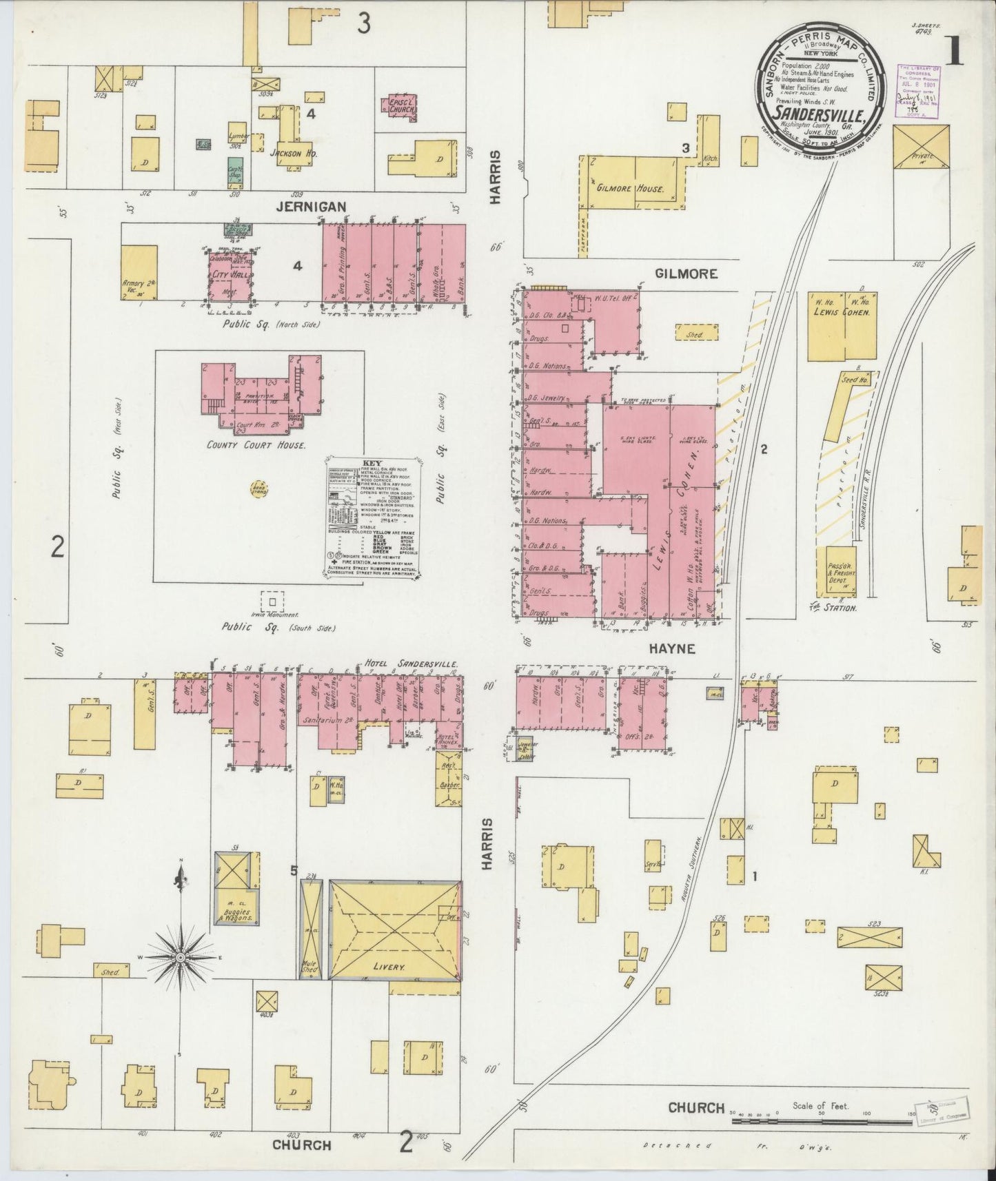 Sanborn Fire Insurance Map from Sandersville, Washington County, Georgia (1901), Sheet #0001 - Complete Map Set gallery image, historic Sanborn map, vintage wall art, Georgia Georgia
