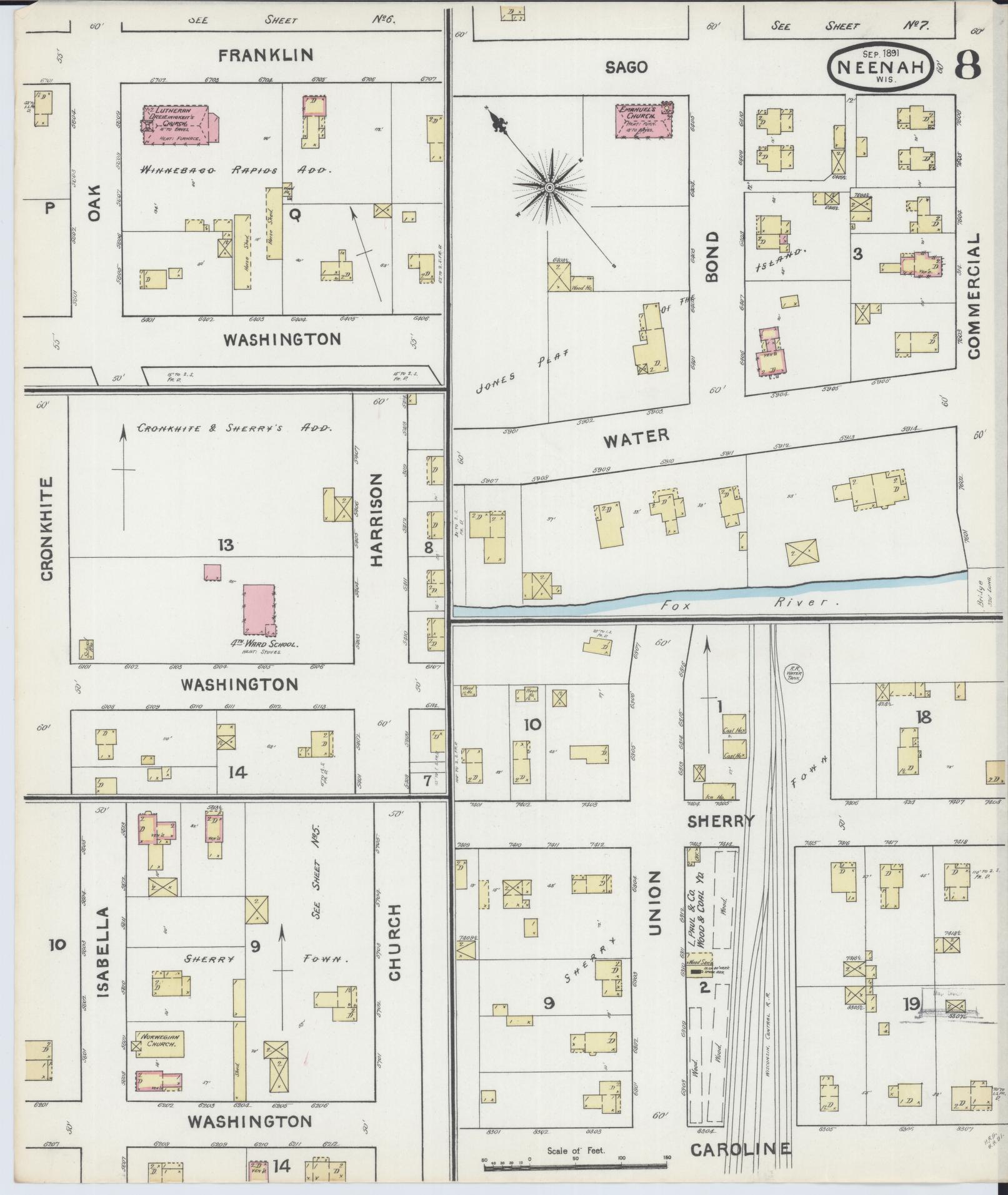 Sanborn Fire Insurance Map from Neenah, Winnebago County, Wisconsin (1891), Sheet #0008 - Historic Sanborn Fire Insurance Map Print, vintage old map wall art, antique decor, genealogy gift, Wisconsin Wisconsin map