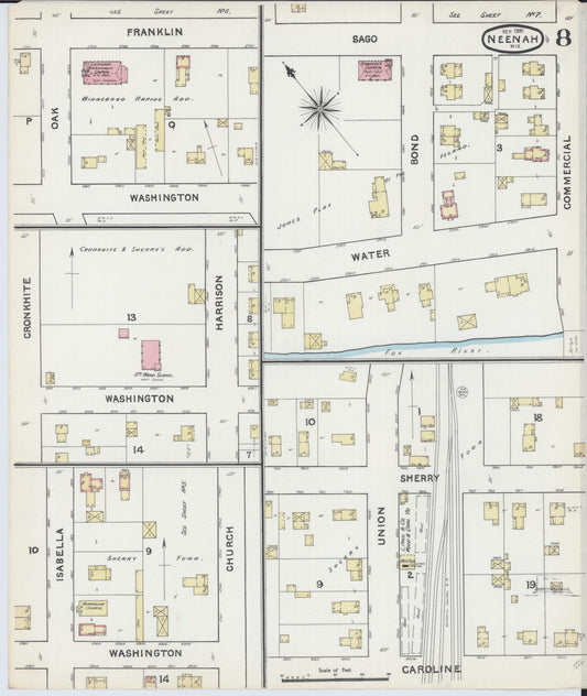 Sanborn Fire Insurance Map from Neenah, Winnebago County, Wisconsin (1891), Sheet #0008 - Historic Sanborn Fire Insurance Map Print, vintage old map wall art, antique decor, genealogy gift, Wisconsin Wisconsin map