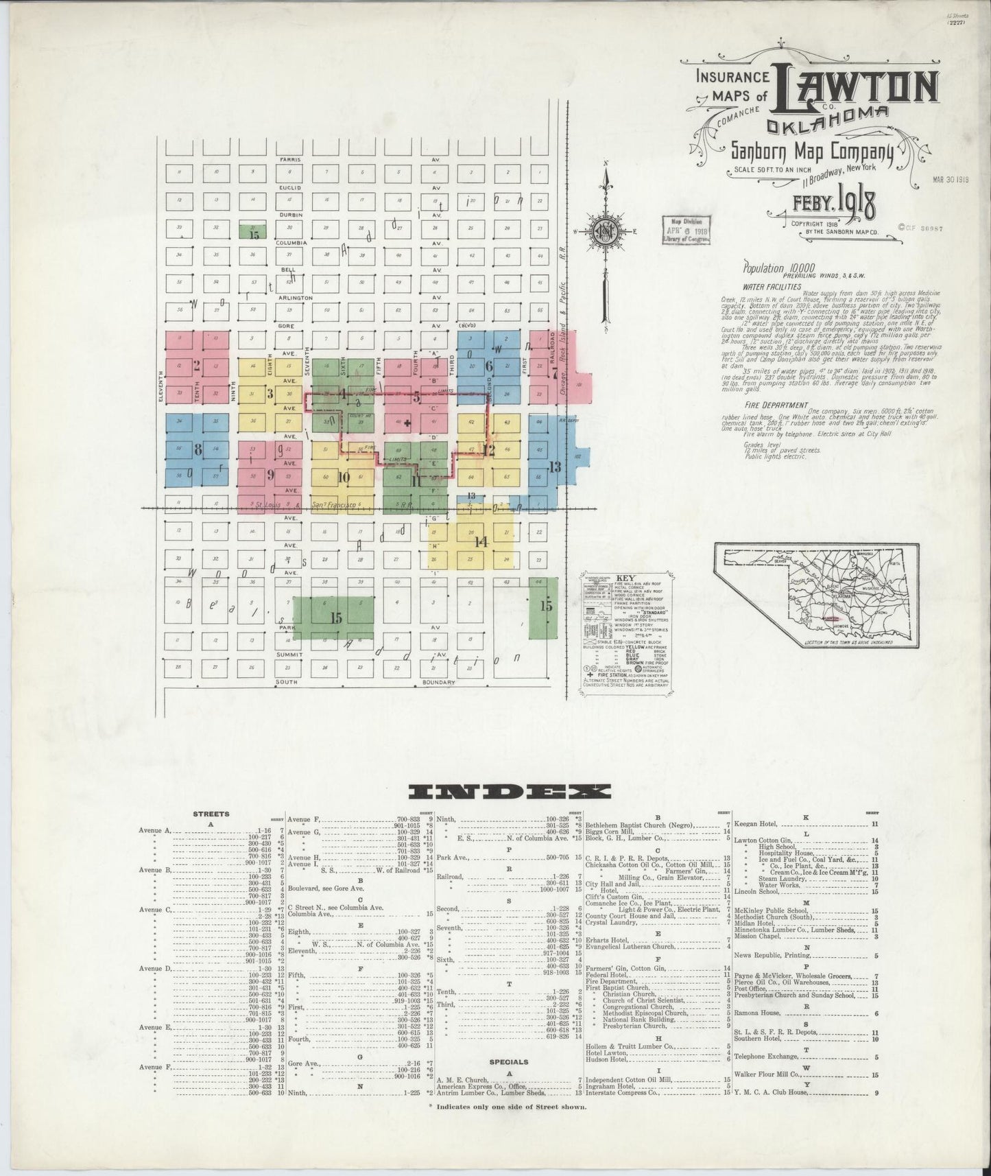 Sanborn Fire Insurance Map from Lawton, Comanche County, Oklahoma (1918), Sheet #0001 - Complete Map Set gallery image, historic Sanborn map, vintage wall art, Oklahoma Oklahoma