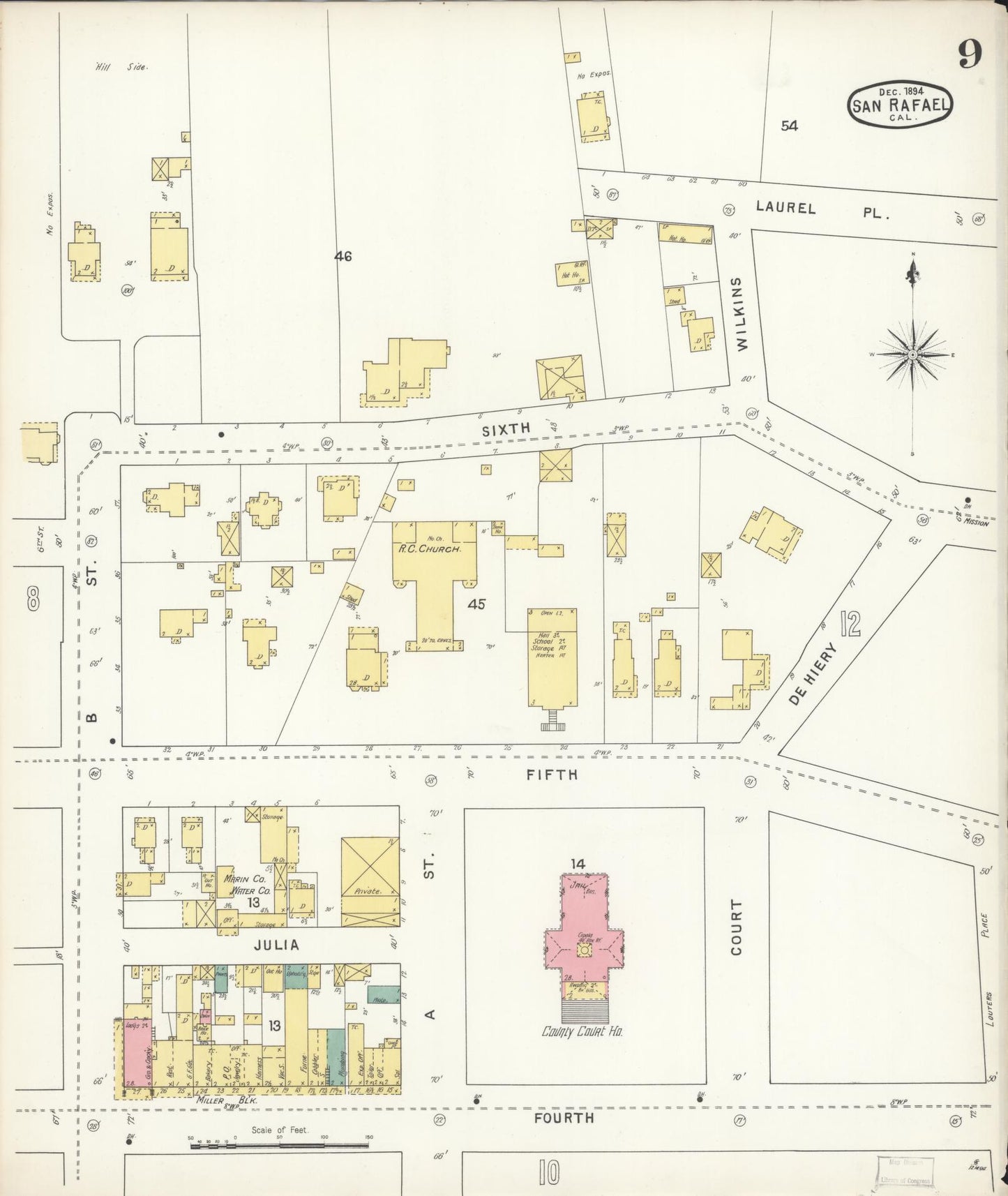 Sanborn Fire Insurance Map from San Rafael, Marin County, California (1894), Sheet #0009 - Complete Map Set gallery image, historic Sanborn map, vintage wall art, California California