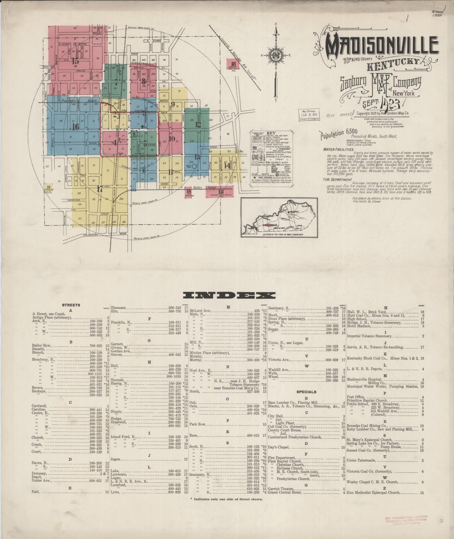 Sanborn Fire Insurance Map from Madisonville, Hopkins County, Kentucky (1923), Sheet #0001 - Historic Sanborn Fire Insurance Map Print, vintage old map wall art, antique decor, genealogy gift, Kentucky Kentucky map