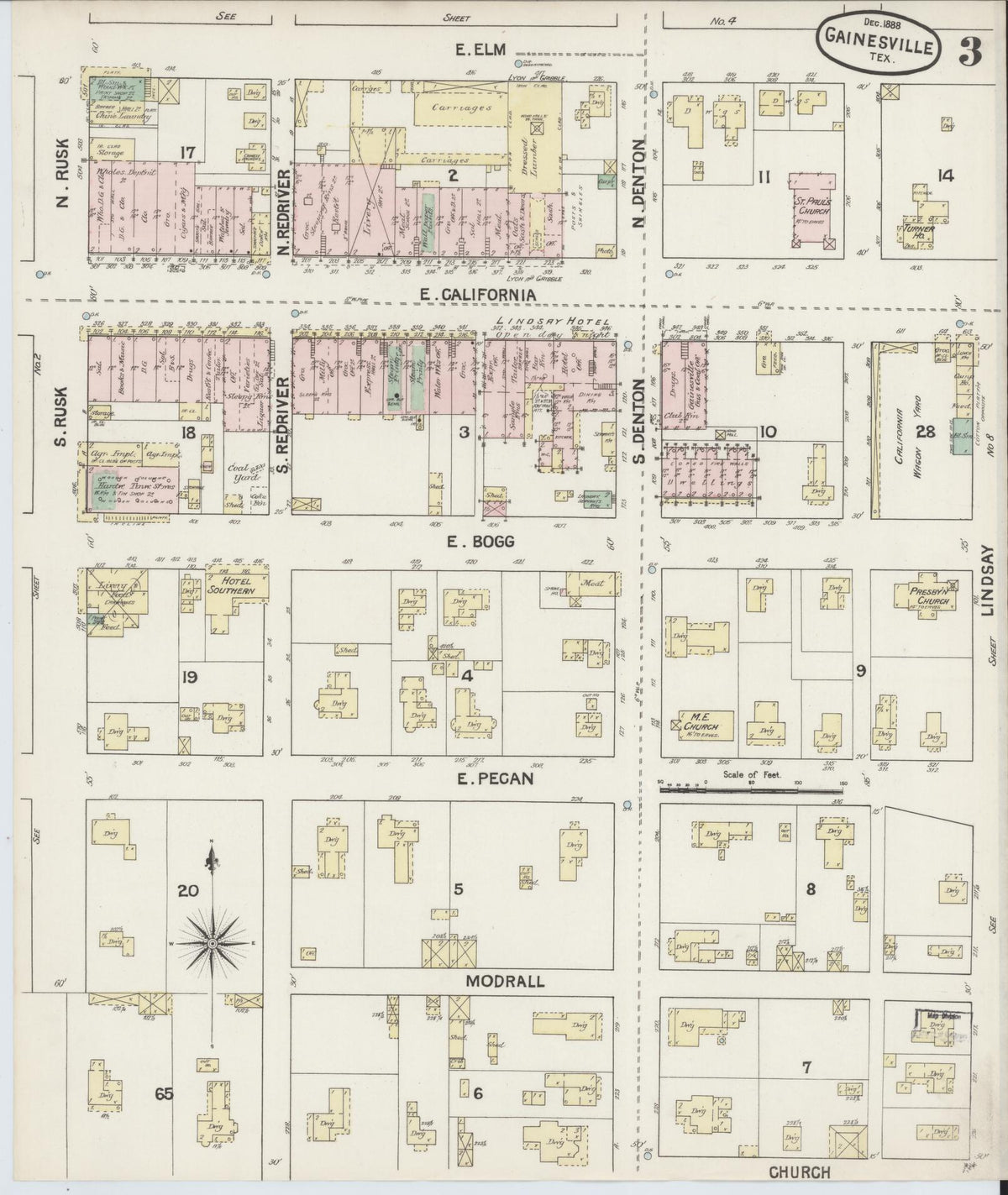 Sanborn Fire Insurance Map from Gainesville, Cooke County, Texas (1888), Sheet #0003 - Historic Sanborn Fire Insurance Map Print, vintage old map wall art, antique decor, genealogy gift, Texas Texas map