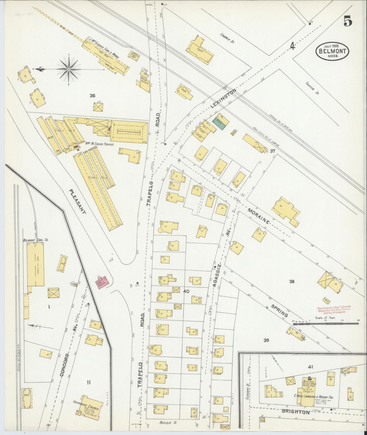 Sanborn Fire Insurance Map from Belmont, Middlesex County, Massachusetts (1905), Sheet #0005 - Historic Sanborn Fire Insurance Map Print, vintage old map wall art, antique decor, genealogy gift, Massachusetts Massachusetts map