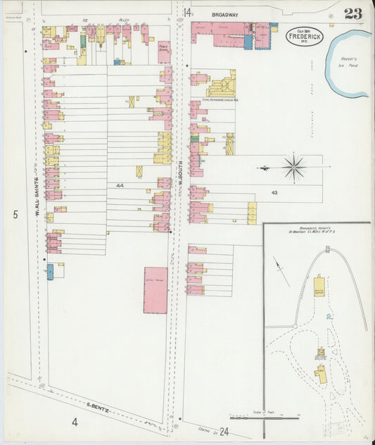Frederick, Maryland - 1904 - Sanborn Fire Insurance Map, Sheet #0023 - Historic Sanborn Fire Insurance Map Print, Frederick Maryland 1904 0023 vintage old map wall art