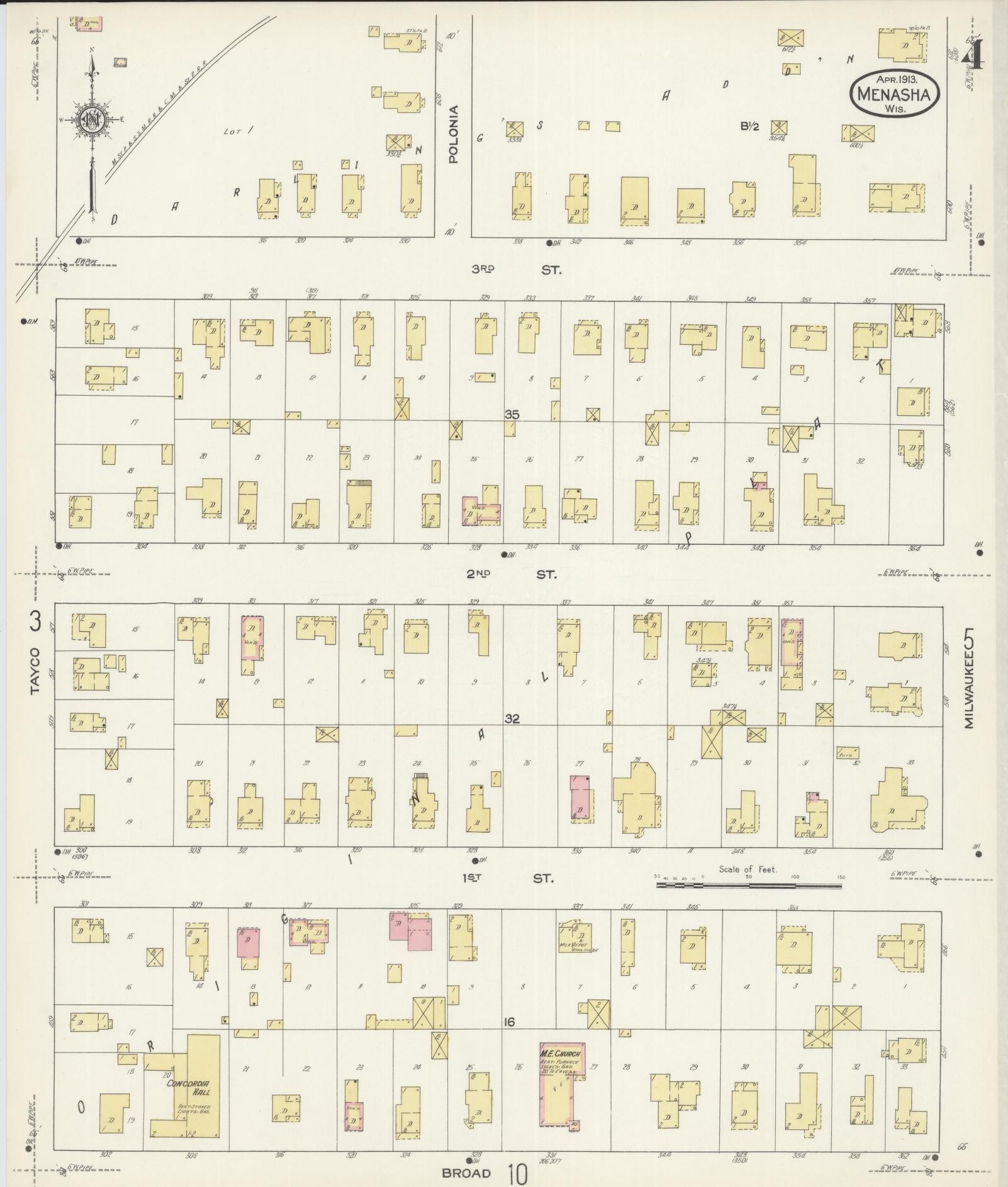 Sanborn Fire Insurance Map from Menasha, Winnebago County, Wisconsin (1913), Sheet #0004 - Historic Sanborn Fire Insurance Map Print, vintage old map wall art, antique decor, genealogy gift, Wisconsin Wisconsin map