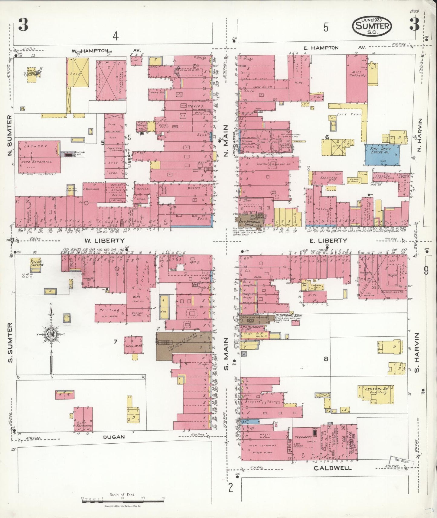 Sanborn Fire Insurance Map from Sumter, Sumter County, South Carolina (1923), Sheet #0003 - Historic Sanborn Fire Insurance Map Print, vintage old map wall art, antique decor, genealogy gift, South Carolina South Carolina map