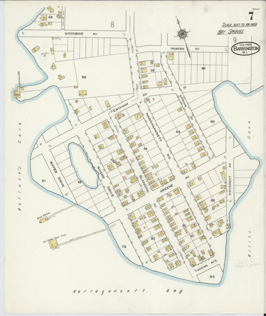 Sanborn Fire Insurance Map from Barrington, Bristol County, Rhode Island (1921), Sheet #0007 - Historic Sanborn Fire Insurance Map Print, vintage old map wall art, antique decor, genealogy gift, Rhode Island Rhode Island map
