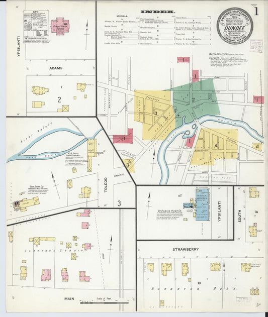 Sanborn Fire Insurance Map from Dundee, Monroe County, Michigan (1908), Sheet #0001 - Complete Map Set gallery image, historic Sanborn map, vintage wall art, Michigan Michigan