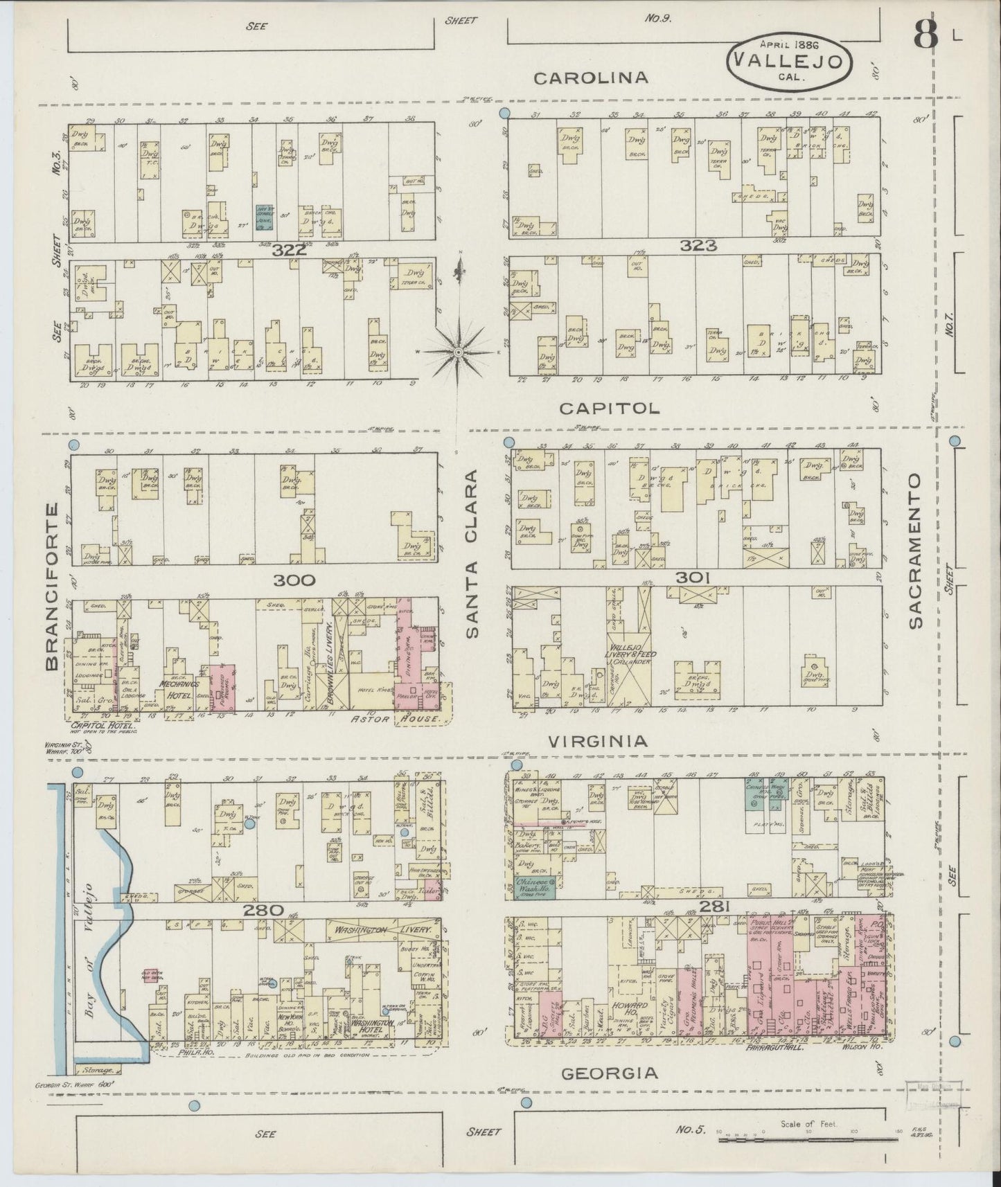 Sanborn Fire Insurance Map from Vallejo, Solano County, California (1886), Sheet #0008 - Complete Map Set gallery image, historic Sanborn map, vintage wall art, California California