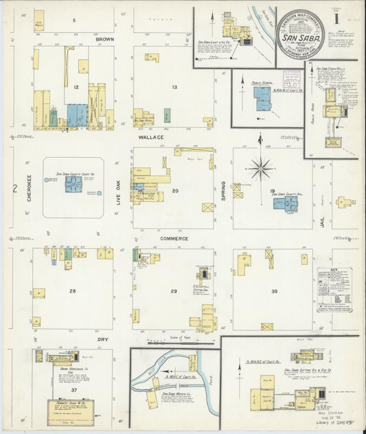Sanborn Fire Insurance Map from San Saba, San Saba County, Texas (1907), Sheet #0001 - Historic Sanborn Fire Insurance Map Print, vintage old map wall art, antique decor, genealogy gift, Texas Texas map