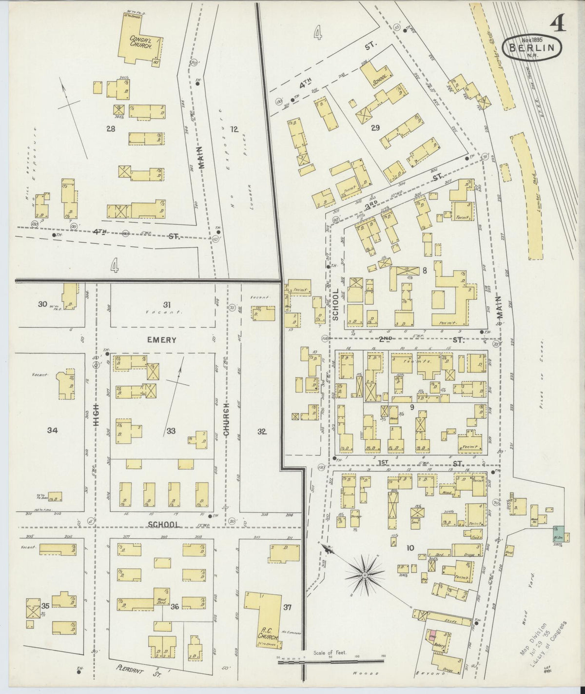 Sanborn Fire Insurance Map from Berlin, Coos County, New Hampshire (1895), Sheet #0004 - Historic Sanborn Fire Insurance Map Print, vintage old map wall art, antique decor, genealogy gift, New Hampshire New Hampshire map