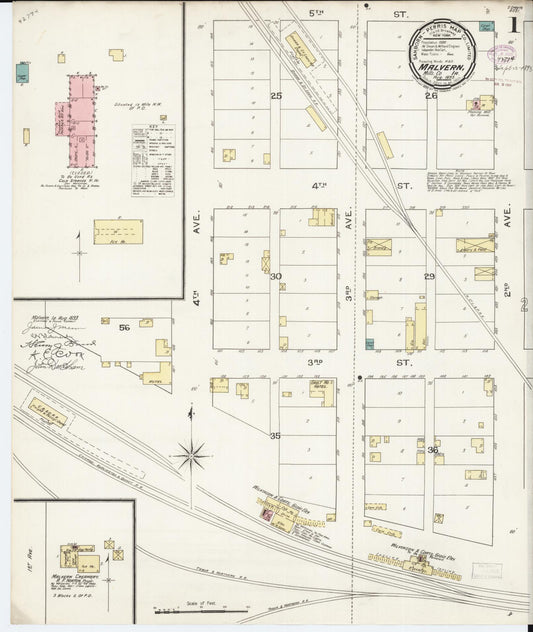 Sanborn Fire Insurance Map from Malvern, Mills County, Iowa (1893), Sheet #0001 - Historic Sanborn Fire Insurance Map Print, vintage old map wall art