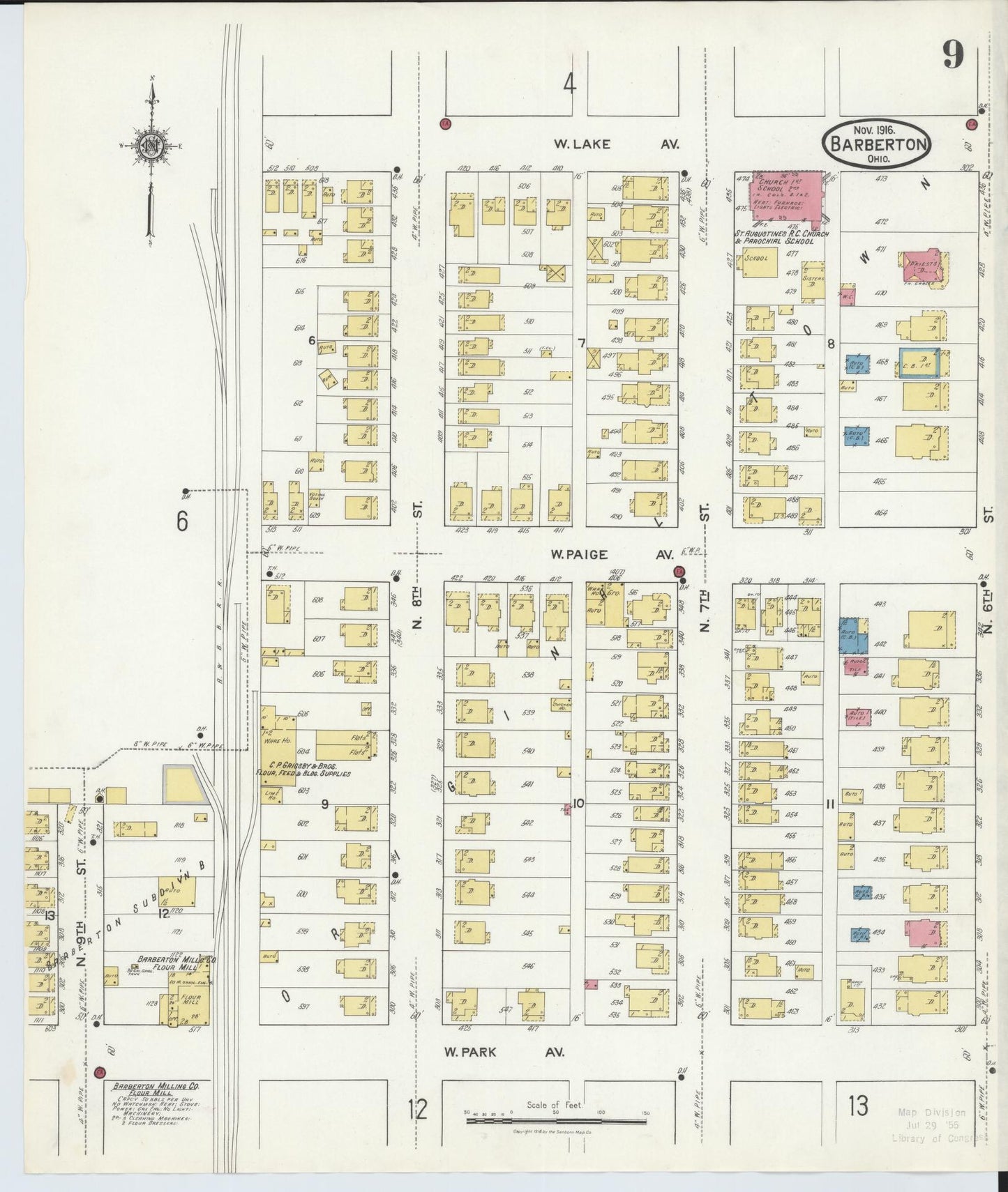 Sanborn Fire Insurance Map from Barberton, Summit County, Ohio (1916), Sheet #0009 - Historic Sanborn Fire Insurance Map Print, vintage old map wall art, antique decor, genealogy gift, Ohio Ohio map