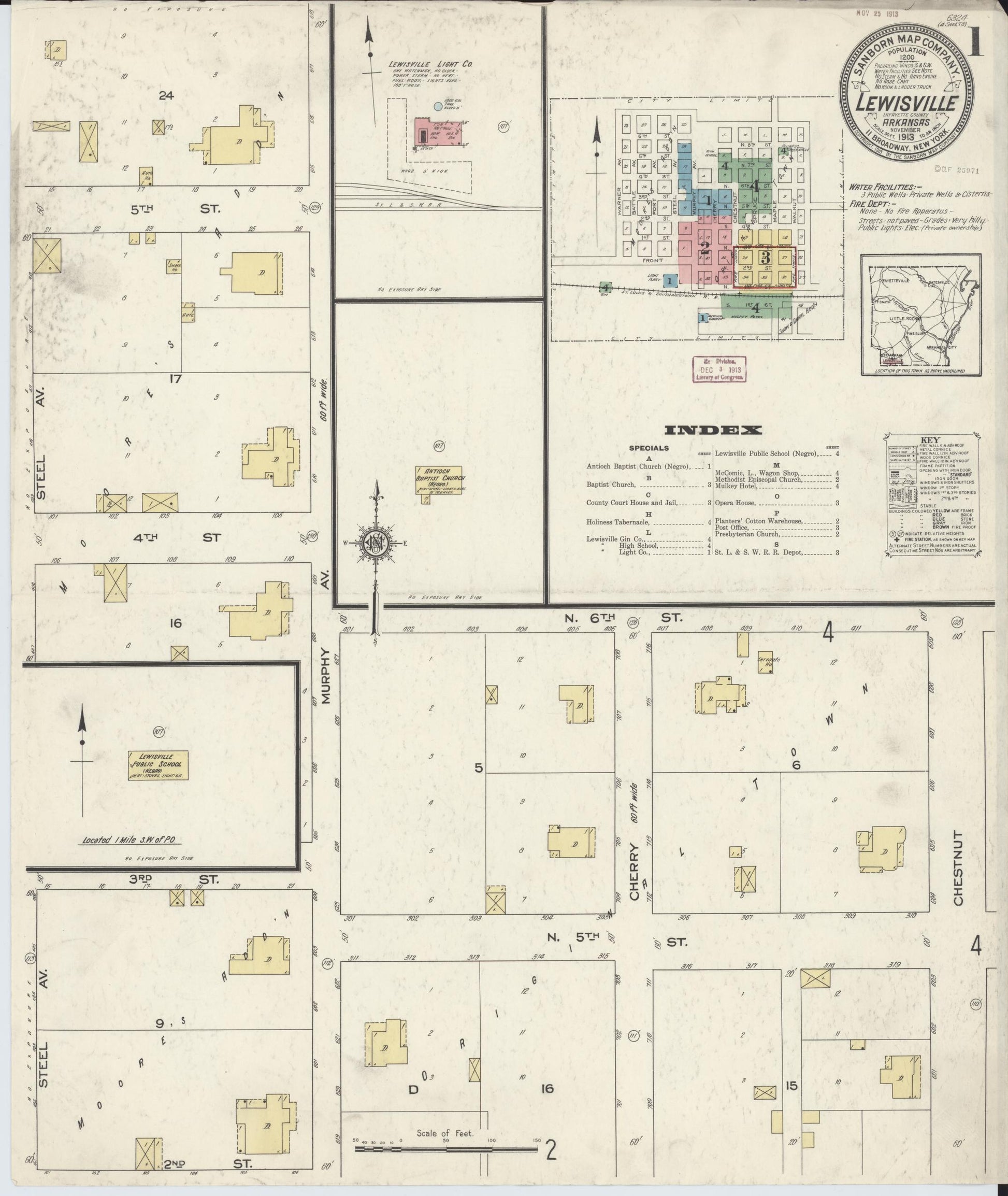 Sanborn Fire Insurance Map from Lewisville, Lafayette County, Arkansas (1913), Sheet #0001 - Historic Sanborn Fire Insurance Map Print, vintage old map wall art, antique decor, genealogy gift, Arkansas Arkansas map