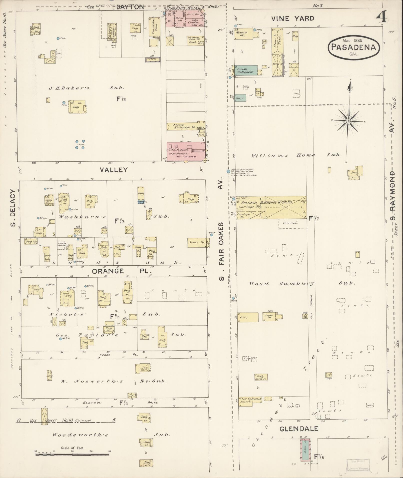 Sanborn Fire Insurance Map from Pasadena, Los Angeles County, California (1888), Sheet #0004 - Complete Map Set gallery image, historic Sanborn map, vintage wall art, California California