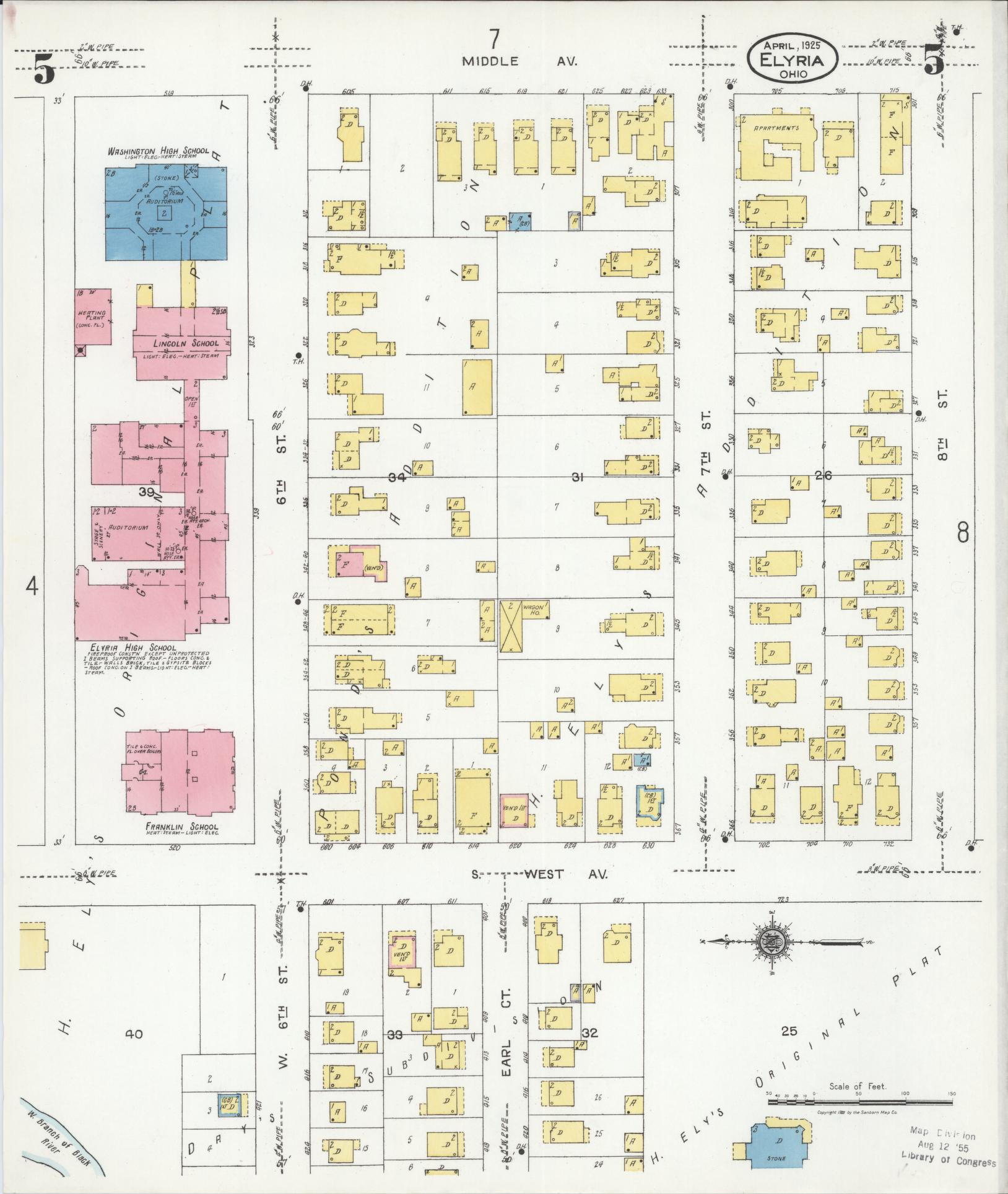 Sanborn Fire Insurance Map from Elyria, Lorain County, Ohio (1925), Sheet #0005 - Historic Sanborn Fire Insurance Map Print, vintage old map wall art, antique decor, genealogy gift, Ohio Ohio map