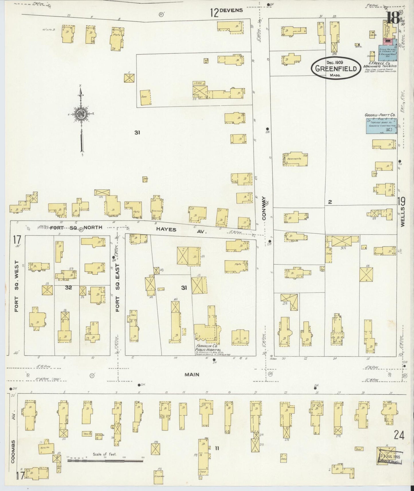 Sanborn Fire Insurance Map from Greenfield, Franklin County, Massachusetts (1909), Sheet #0018 - Complete Map Set gallery image, historic Sanborn map, vintage wall art, Massachusetts Massachusetts