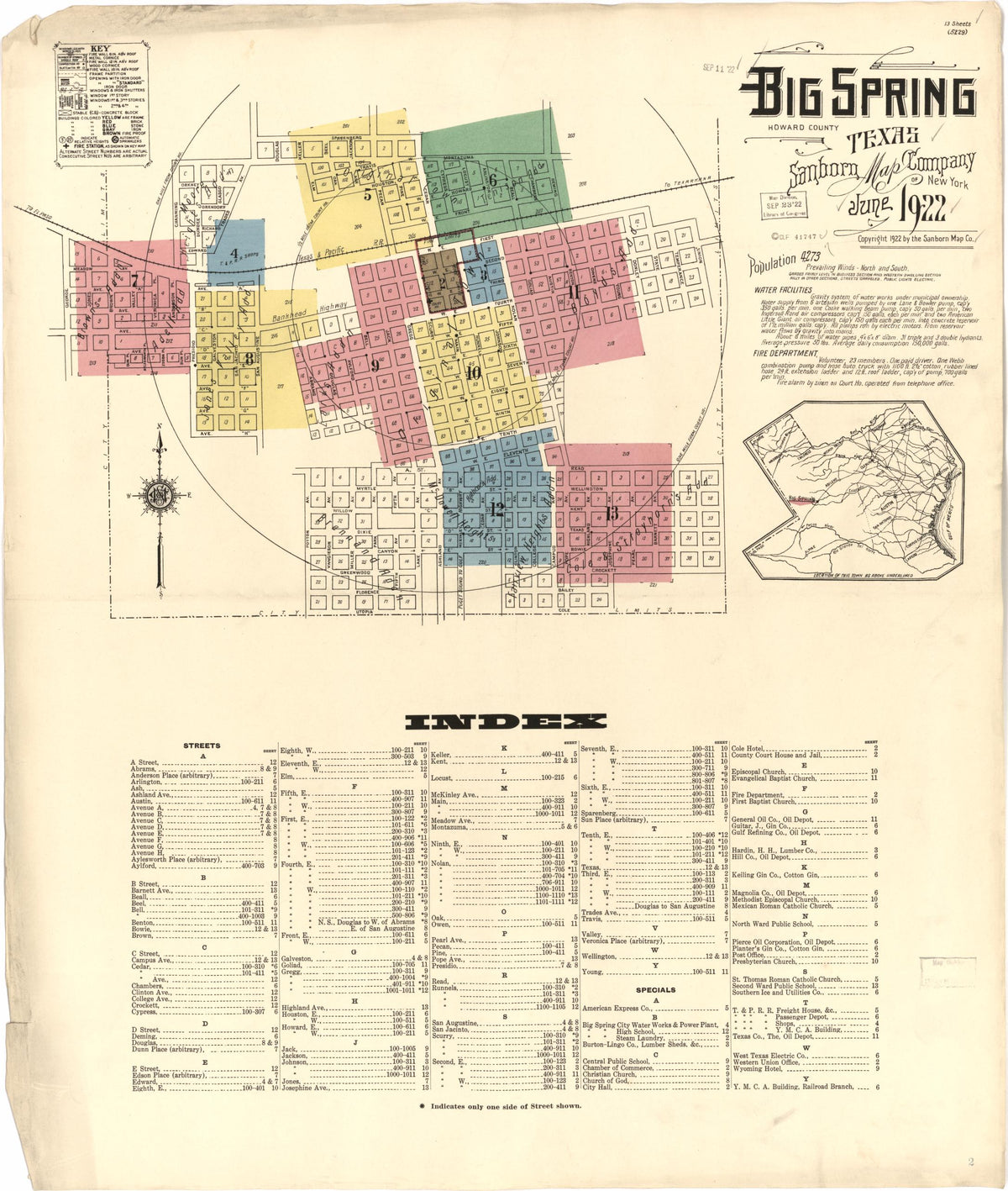 Sanborn Fire Insurance Map from Big Spring, Howard County, Texas (1922), Sheet #0001 - Historic Sanborn Fire Insurance Map Print, vintage old map wall art, antique decor, genealogy gift, Texas Texas map