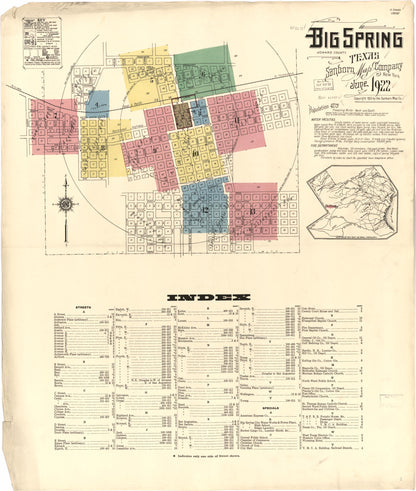 Sanborn Fire Insurance Map from Big Spring, Howard County, Texas (1922), Sheet #0001 - Historic Sanborn Fire Insurance Map Print, vintage old map wall art, antique decor, genealogy gift, Texas Texas map