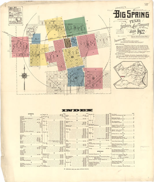 Sanborn Fire Insurance Map from Big Spring, Howard County, Texas (1922), Sheet #0001 - Historic Sanborn Fire Insurance Map Print, vintage old map wall art, antique decor, genealogy gift, Texas Texas map