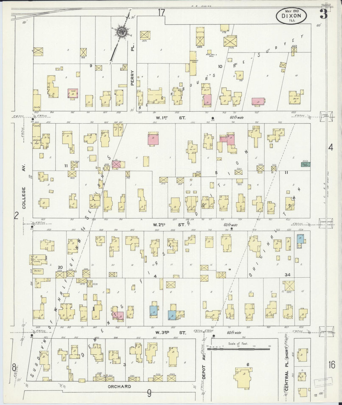 Sanborn Fire Insurance Map from Dixon, Lee County, Illinois (1910), Sheet #0003 - Historic Sanborn Fire Insurance Map Print, vintage old map wall art, antique decor, genealogy gift, Illinois Illinois map