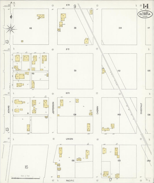 Sanborn Fire Insurance Map from Olympia, Thurston County, Washington (1908), Sheet #0014 - Historic Sanborn Fire Insurance Map Print, vintage old map wall art, antique decor, genealogy gift, Washington Washington map
