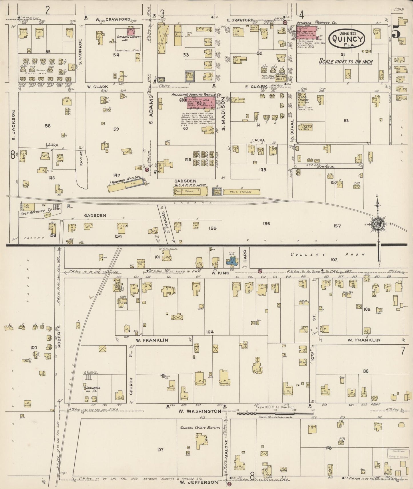 Sanborn Fire Insurance Map from Quincy, Gadsden County, Florida (1922), Sheet #0005 - Complete Map Set gallery image, historic Sanborn map, vintage wall art, Florida Florida
