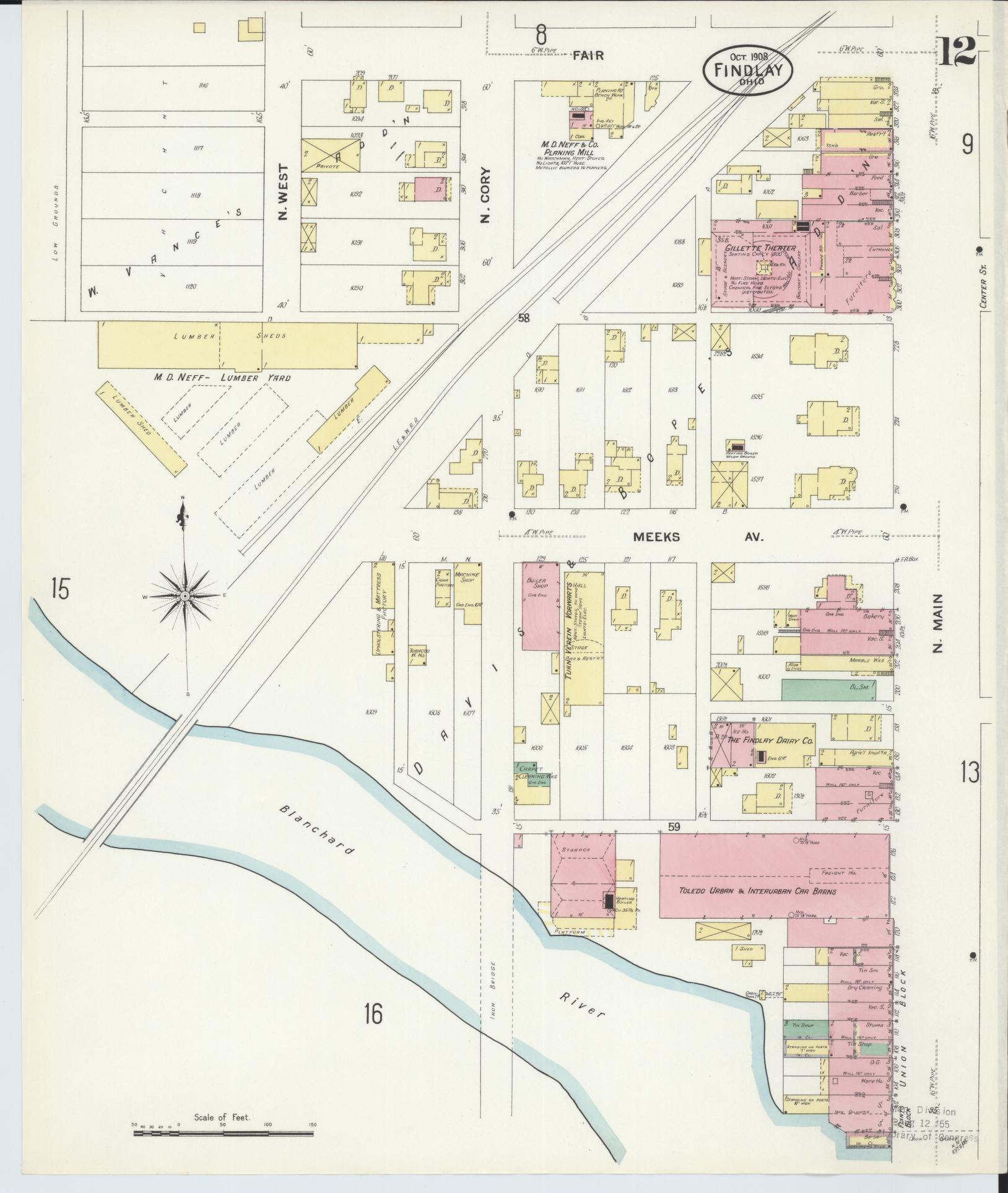 Sanborn Fire Insurance Map from Findlay, Hancock County, Ohio (1908), Sheet #0012 - Historic Sanborn Fire Insurance Map Print, vintage old map wall art, antique decor, genealogy gift, Ohio Ohio map