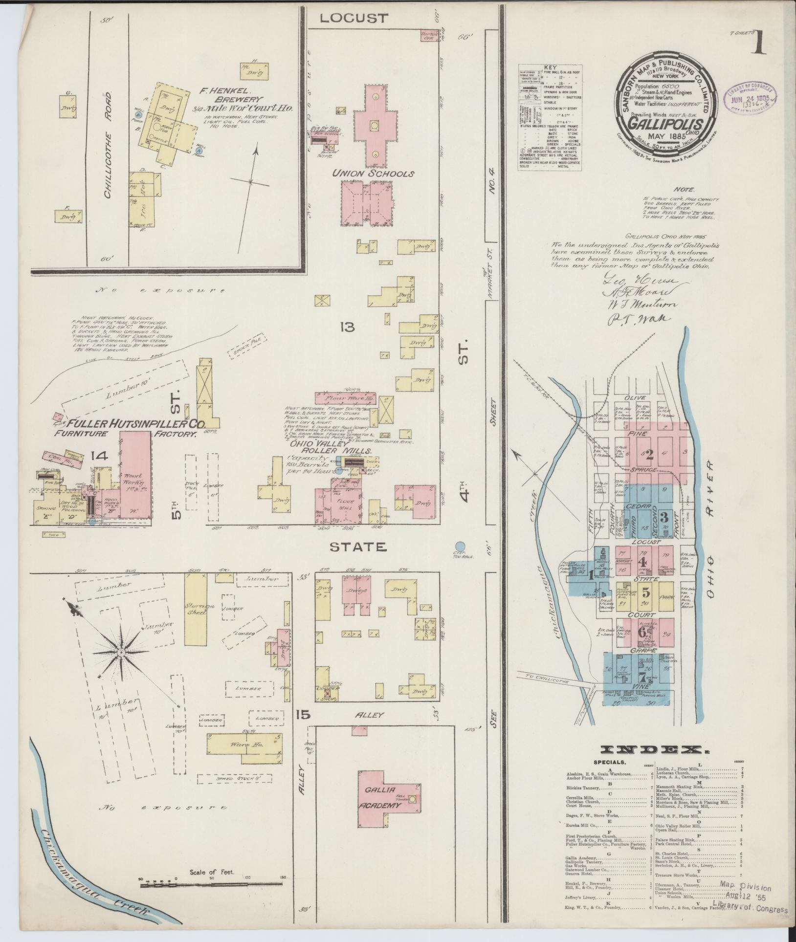 Sanborn Fire Insurance Map from Gallipolis, Gallia County, Ohio (1885), Sheet #0001 - Historic Sanborn Fire Insurance Map Print, vintage old map wall art, antique decor, genealogy gift, Ohio Ohio map