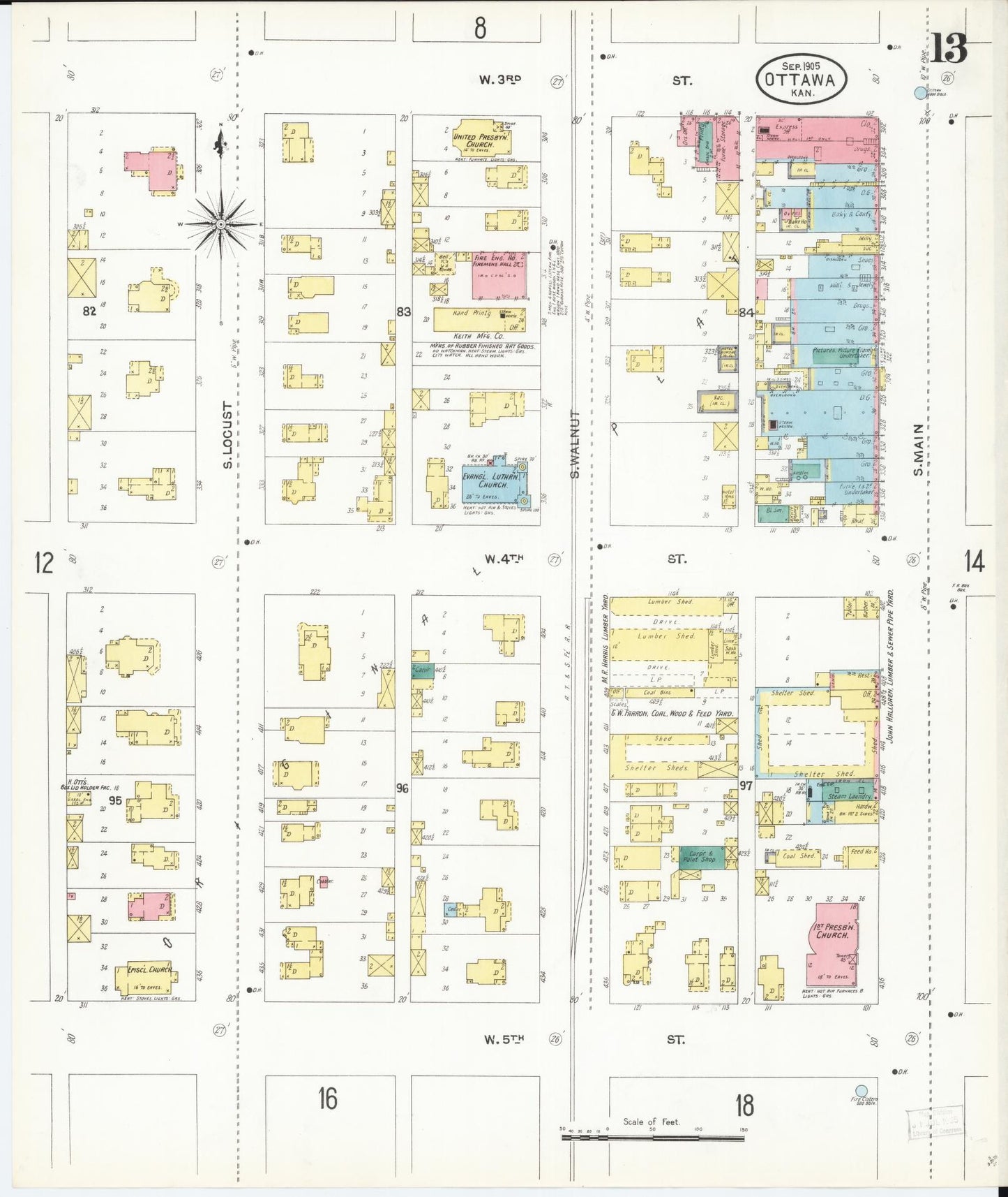 Sanborn Fire Insurance Map from Ottawa, Franklin County, Kansas (1905), Sheet #0013 - Complete Map Set gallery image, historic Sanborn map, vintage wall art, Kansas Kansas