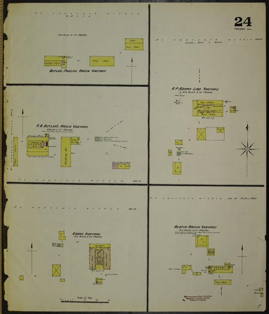 Sanborn Fire Insurance Map from Fresno, Fresno County, California (1888), Sheet #0024 - Historic Sanborn Fire Insurance Map Print, vintage old map wall art, antique decor, genealogy gift, California California map