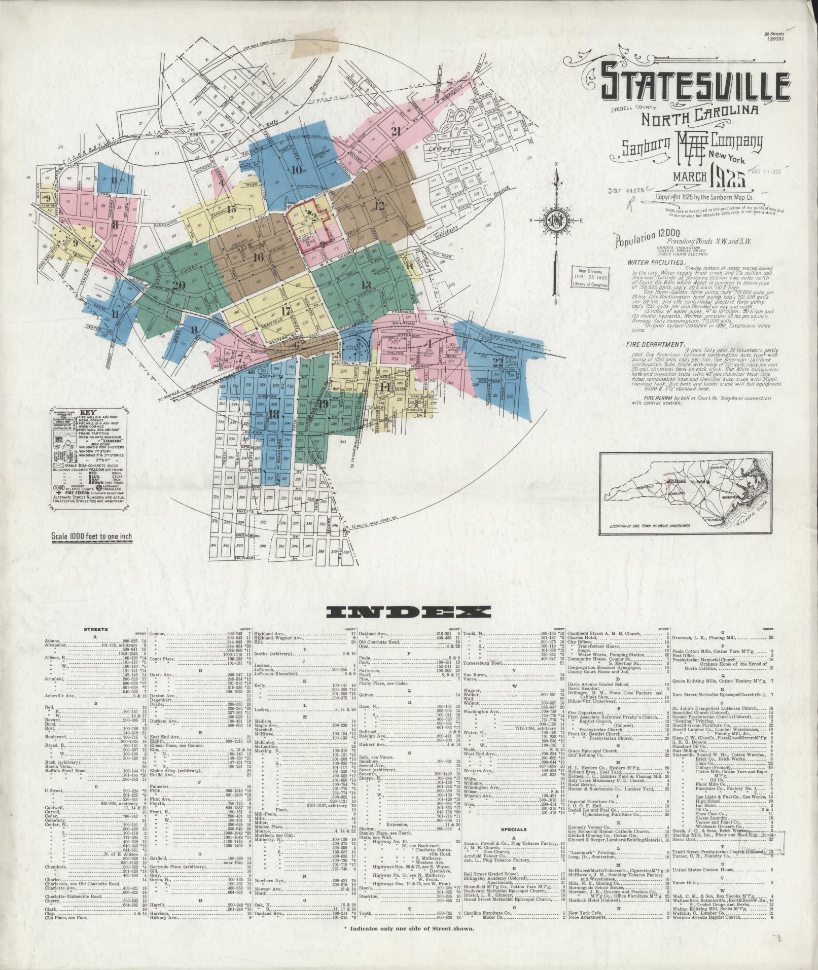 Sanborn Fire Insurance Map from Statesville, Iredell County, North Carolina (1925), Sheet #0001 - Historic Sanborn Fire Insurance Map Print, vintage old map wall art, antique decor, genealogy gift, North Carolina North Carolina map