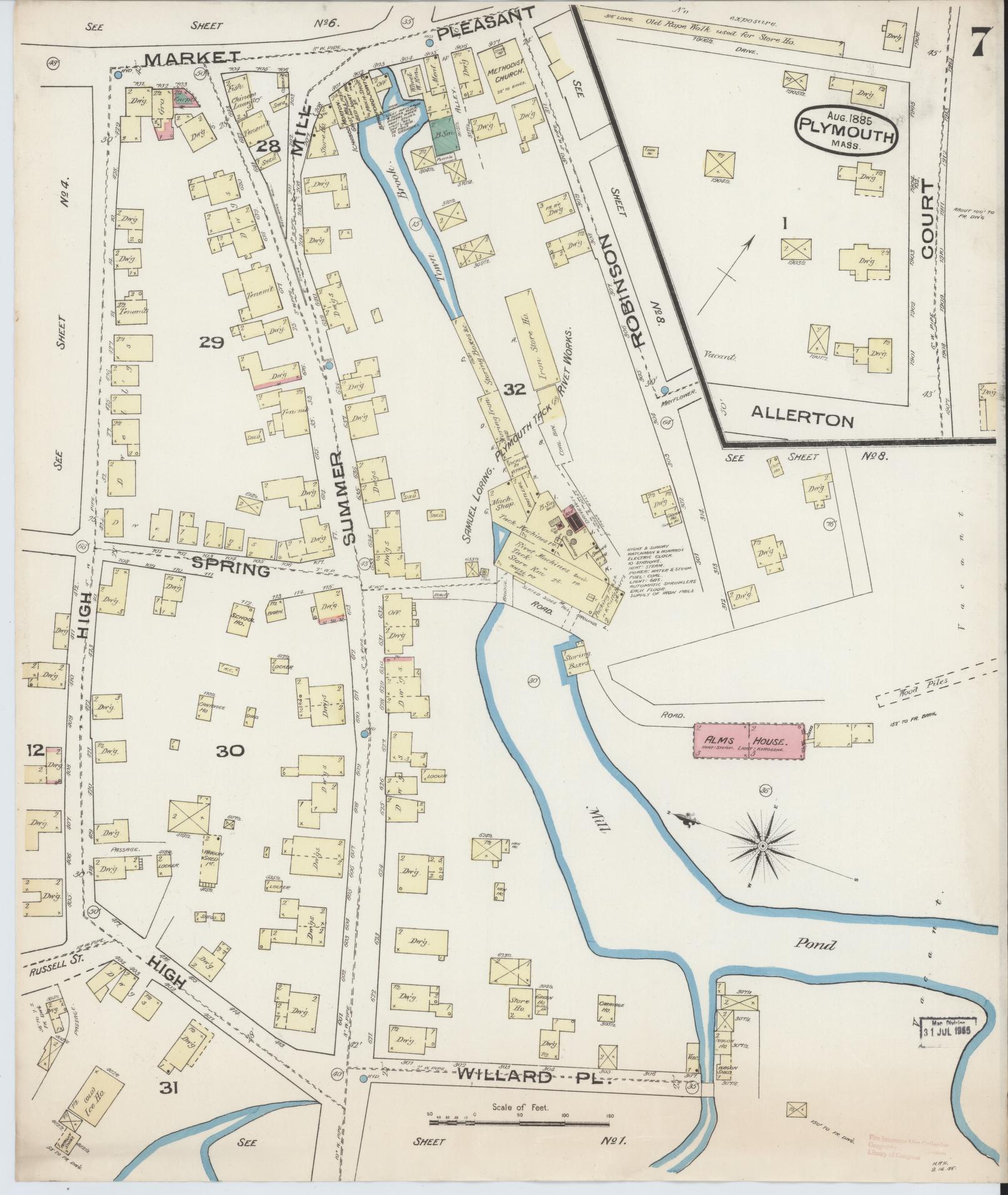 Sanborn Fire Insurance Map from Plymouth, Plymouth County, Massachusetts (1885), Sheet #0007 - Complete Map Set gallery image, historic Sanborn map, vintage wall art, Massachusetts Massachusetts