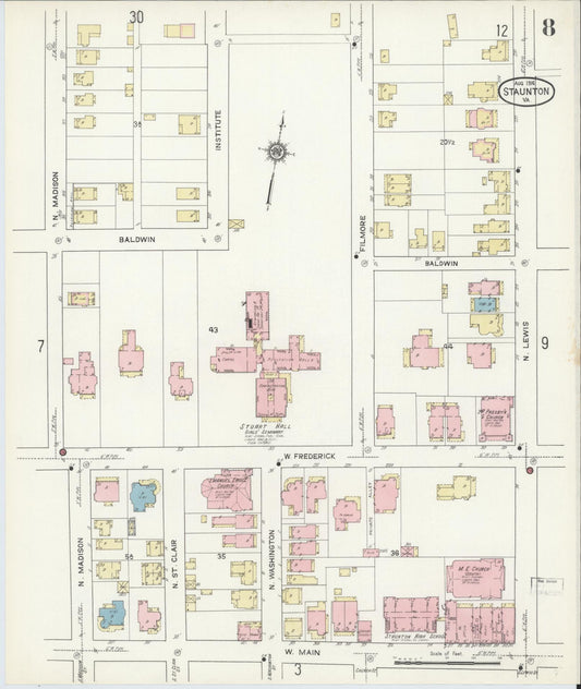 Sanborn Fire Insurance Map from Staunton, Independent Cities, Virginia (1914), Sheet #0008 - Historic Sanborn Fire Insurance Map Print, vintage old map wall art, antique decor, genealogy gift, Virginia Virginia map